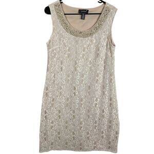 R&M Richards Dress Womens 12 Beige Lace Sleeveless Knee Length Beaded Neckline